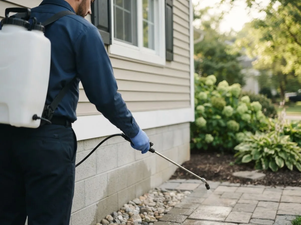 Pest control technician inspecting a home in Neck City, MO